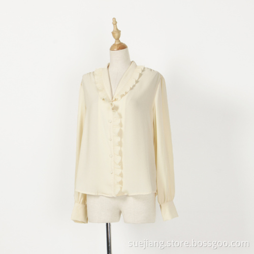 Long Sleeve V-neck Collars Women Casual Blouse Shirt